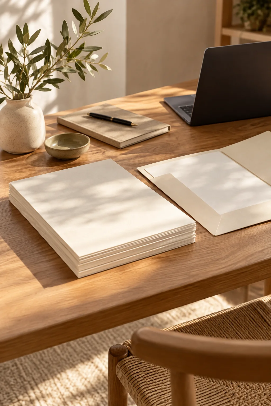 Illustration d’un bureau soigné avec des documents, un carnet et un ordinateur