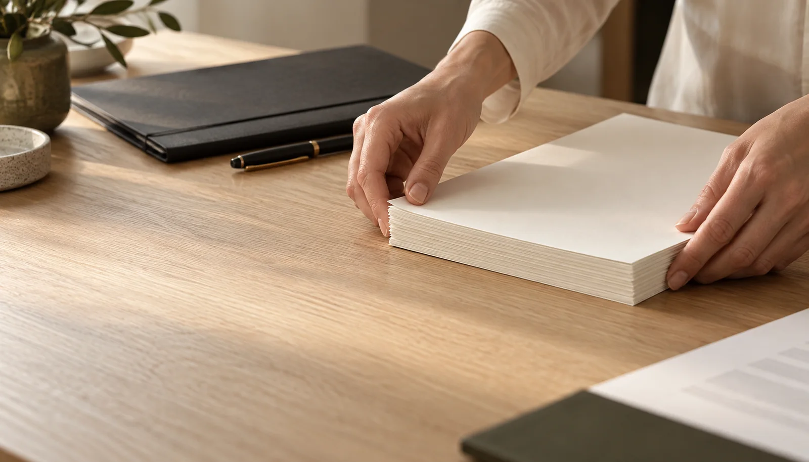 Illustration de mains alignant soigneusement un dossier papier